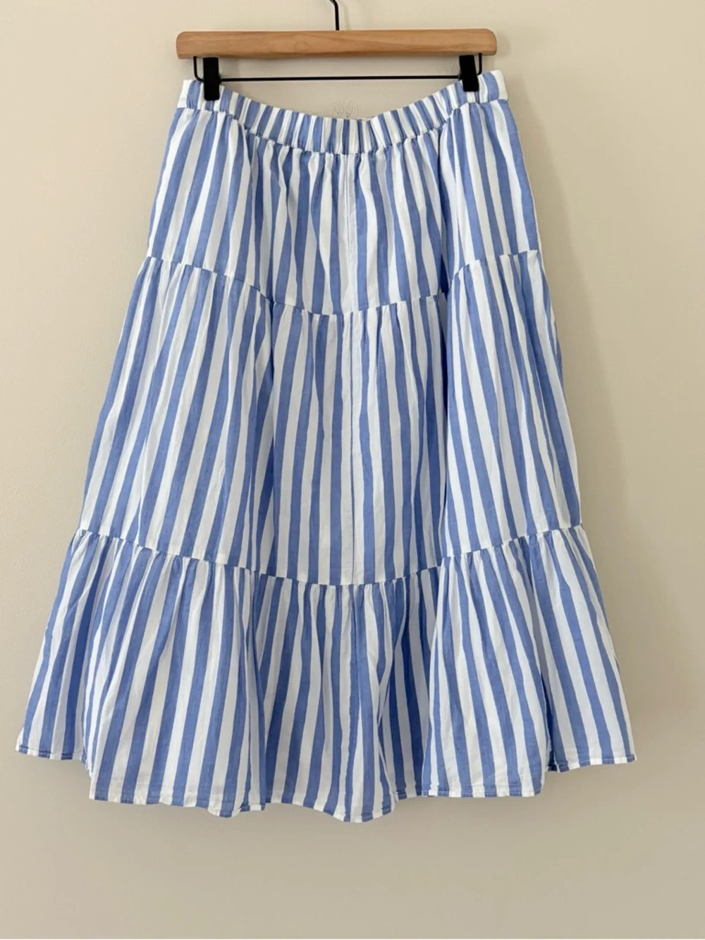 J Crew Factory Tiered midi skirt Sail Blue Stripe Pull on Cotton Preppy Size M - Picture 6 of 13